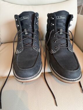 L.L. Bean Men's Black Leather Moc Toe Boots with Tan Outsole